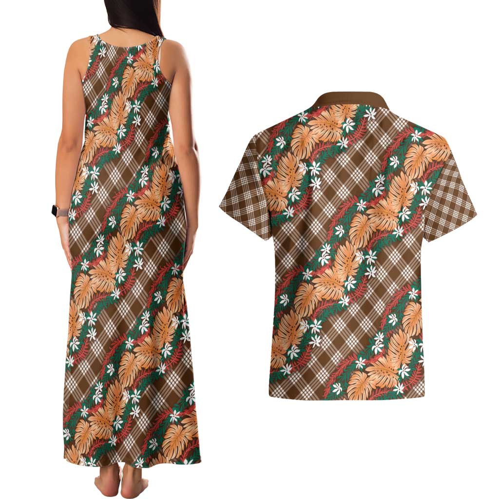 Polynesian Monstera Tiare Floral Couples Matching Tank Maxi Dress and Hawaiian Shirt Chocolate Brown Tropical Plaid - Polynesian Pride