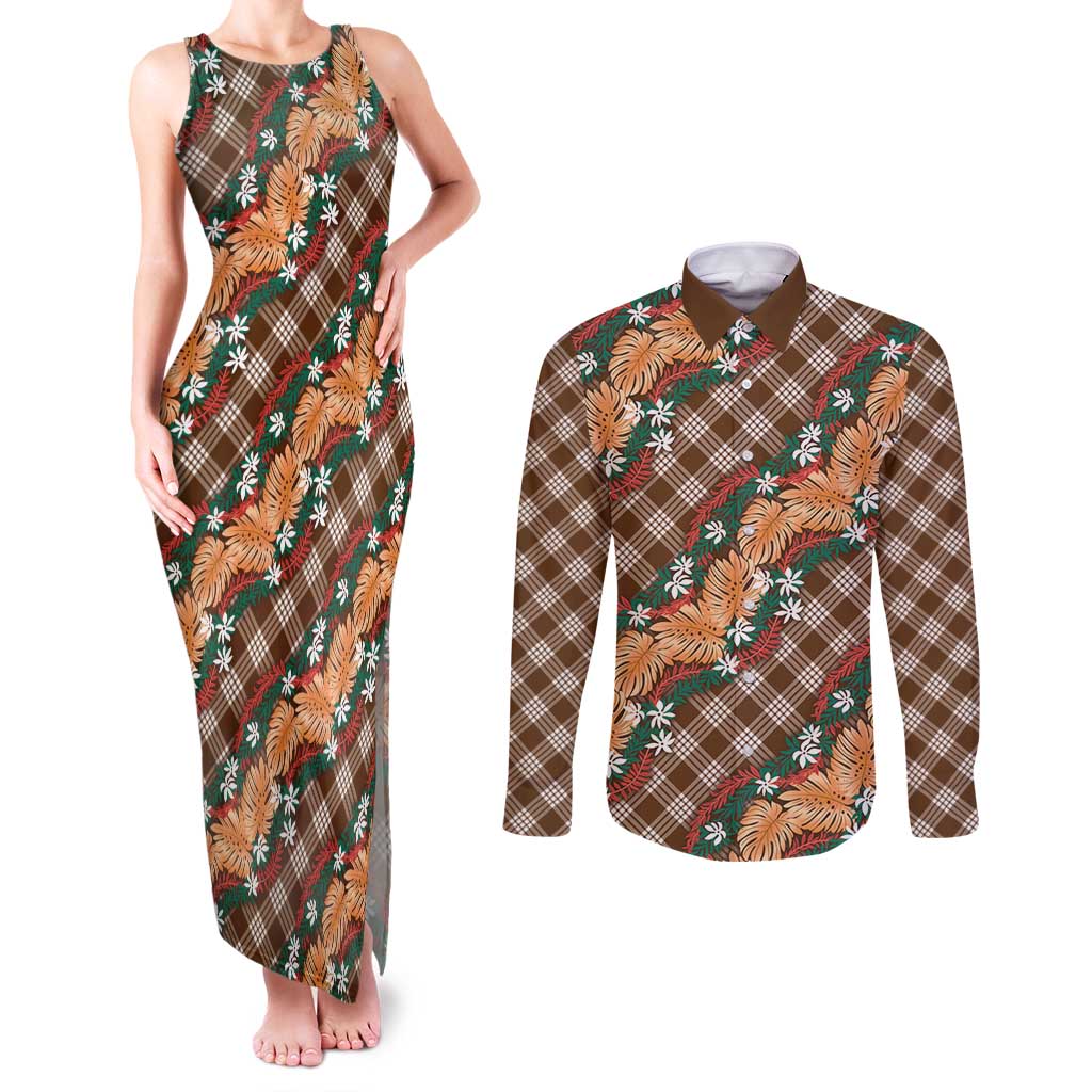 Polynesian Monstera Tiare Floral Couples Matching Tank Maxi Dress and Long Sleeve Button Shirt Chocolate Brown Tropical Plaid - Polynesian Pride