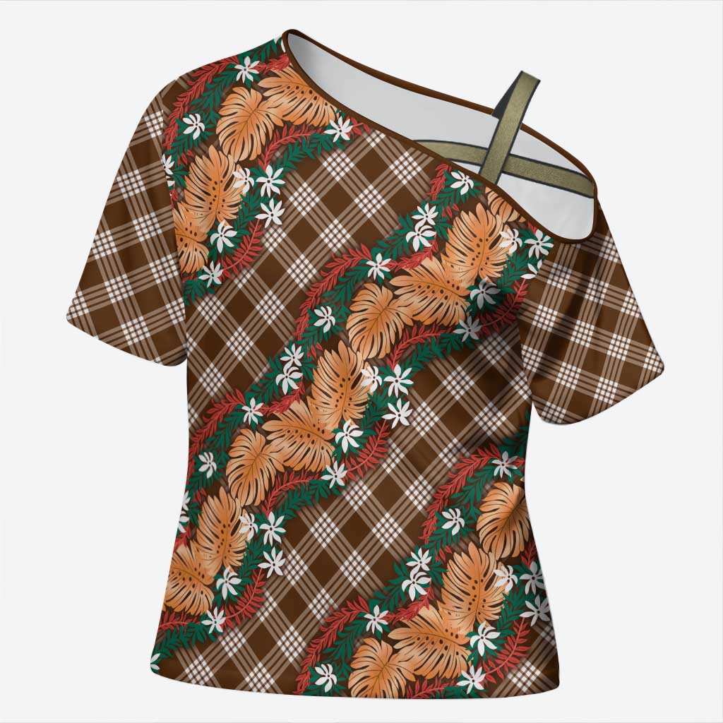 Polynesian Monstera Tiare Floral Cross Shoulder Shirt Chocolate Brown Tropical Plaid - Polynesian Pride