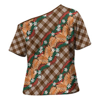 Polynesian Monstera Tiare Floral Cross Shoulder Shirt Chocolate Brown Tropical Plaid - Polynesian Pride