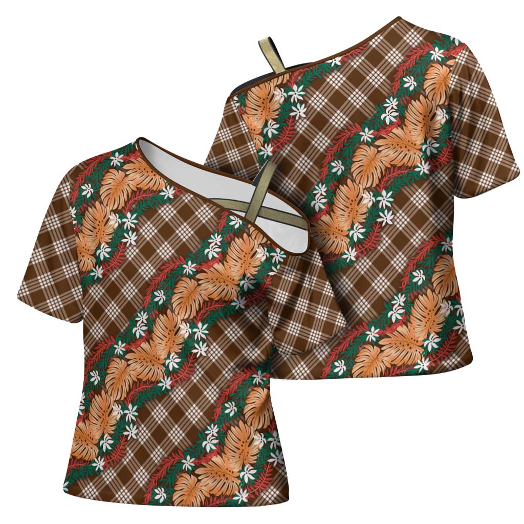Polynesian Monstera Tiare Floral Cross Shoulder Shirt Chocolate Brown Tropical Plaid - Polynesian Pride