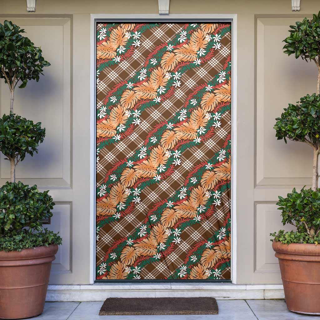 Polynesian Monstera Tiare Floral Door Cover Chocolate Brown Tropical Plaid - Polynesian Pride