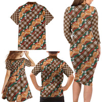 Polynesian Monstera Tiare Floral Family Matching Long Sleeve Bodycon Dress and Hawaiian Shirt Chocolate Brown Tropical Plaid - Polynesian Pride