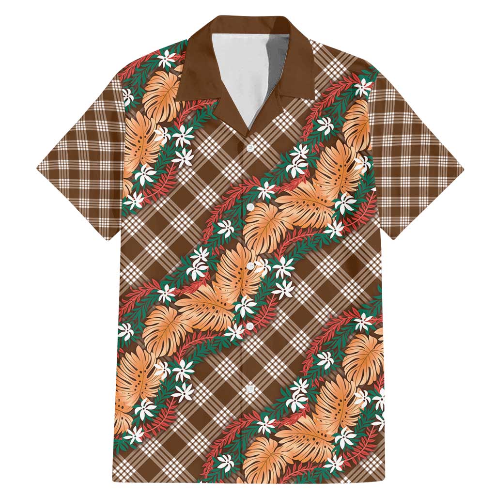 Polynesian Monstera Tiare Floral Family Matching Mermaid Dress and Hawaiian Shirt Chocolate Brown Tropical Plaid - Polynesian Pride