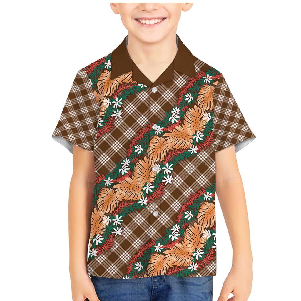Polynesian Monstera Tiare Floral Family Matching Mermaid Dress and Hawaiian Shirt Chocolate Brown Tropical Plaid - Polynesian Pride