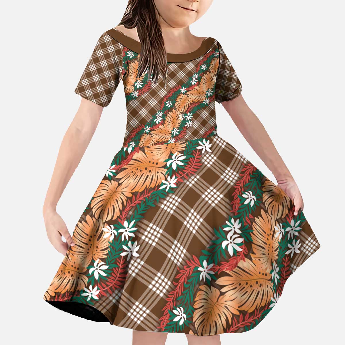 Polynesian Monstera Tiare Floral Family Matching Off The Shoulder Long Sleeve Dress and Hawaiian Shirt Chocolate Brown Tropical Plaid - Polynesian Pride