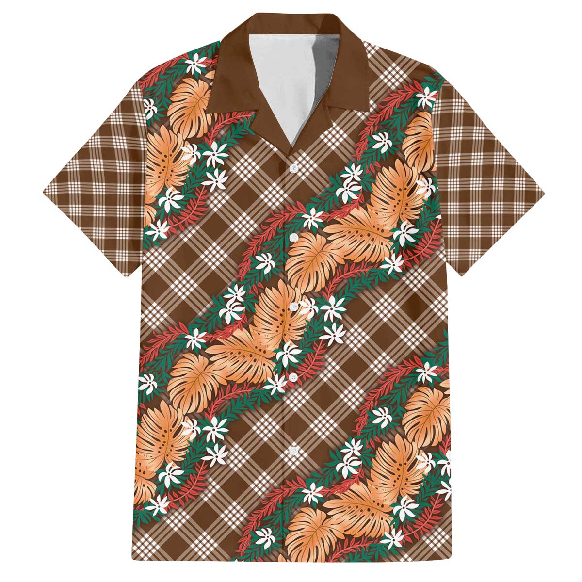 Polynesian Monstera Tiare Floral Family Matching Off The Shoulder Long Sleeve Dress and Hawaiian Shirt Chocolate Brown Tropical Plaid - Polynesian Pride