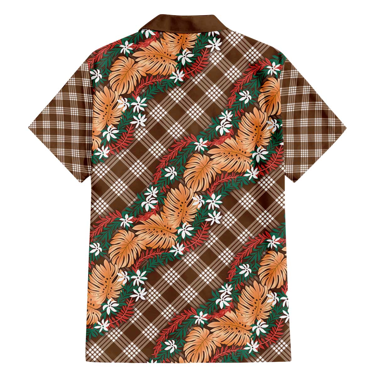 Polynesian Monstera Tiare Floral Family Matching Off The Shoulder Long Sleeve Dress and Hawaiian Shirt Chocolate Brown Tropical Plaid - Polynesian Pride