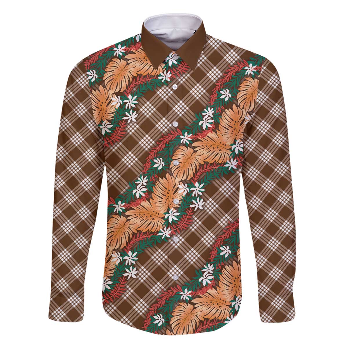 Polynesian Monstera Tiare Floral Family Matching Off The Shoulder Long Sleeve Dress and Hawaiian Shirt Chocolate Brown Tropical Plaid - Polynesian Pride