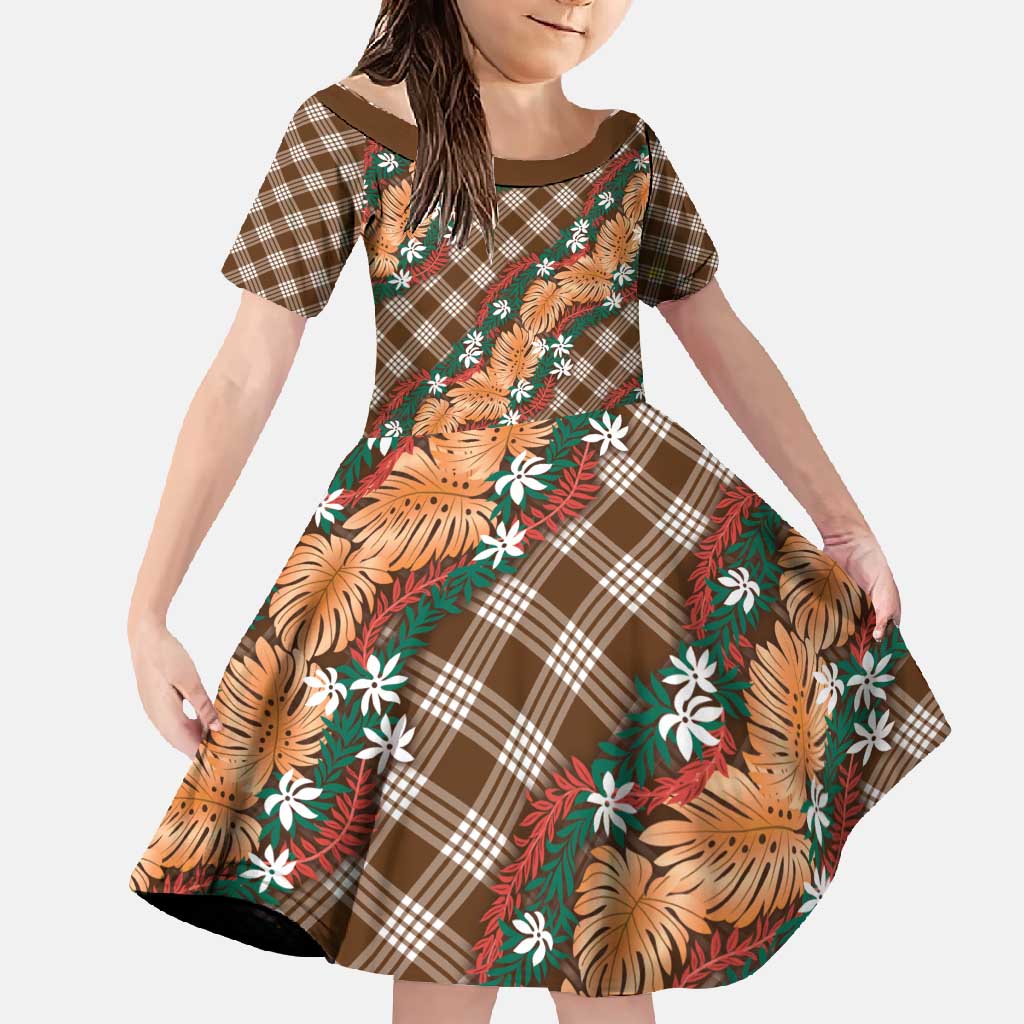 Polynesian Monstera Tiare Floral Family Matching Off Shoulder Maxi Dress and Hawaiian Shirt Chocolate Brown Tropical Plaid - Polynesian Pride