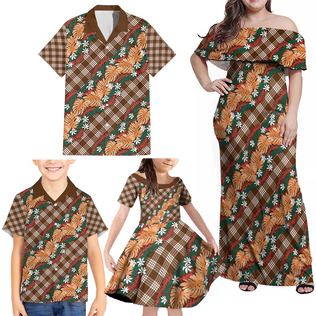 Polynesian Monstera Tiare Floral Family Matching Off Shoulder Maxi Dress and Hawaiian Shirt Chocolate Brown Tropical Plaid - Polynesian Pride
