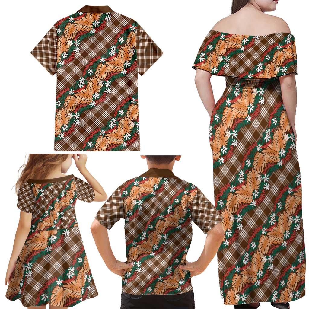 Polynesian Monstera Tiare Floral Family Matching Off Shoulder Maxi Dress and Hawaiian Shirt Chocolate Brown Tropical Plaid - Polynesian Pride