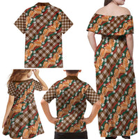 Polynesian Monstera Tiare Floral Family Matching Off Shoulder Maxi Dress and Hawaiian Shirt Chocolate Brown Tropical Plaid - Polynesian Pride