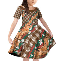 Polynesian Monstera Tiare Floral Family Matching Off Shoulder Short Dress and Hawaiian Shirt Chocolate Brown Tropical Plaid - Polynesian Pride