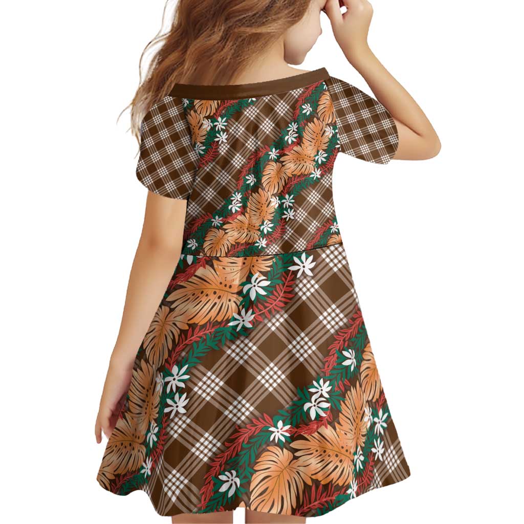 Polynesian Monstera Tiare Floral Family Matching Off Shoulder Short Dress and Hawaiian Shirt Chocolate Brown Tropical Plaid - Polynesian Pride