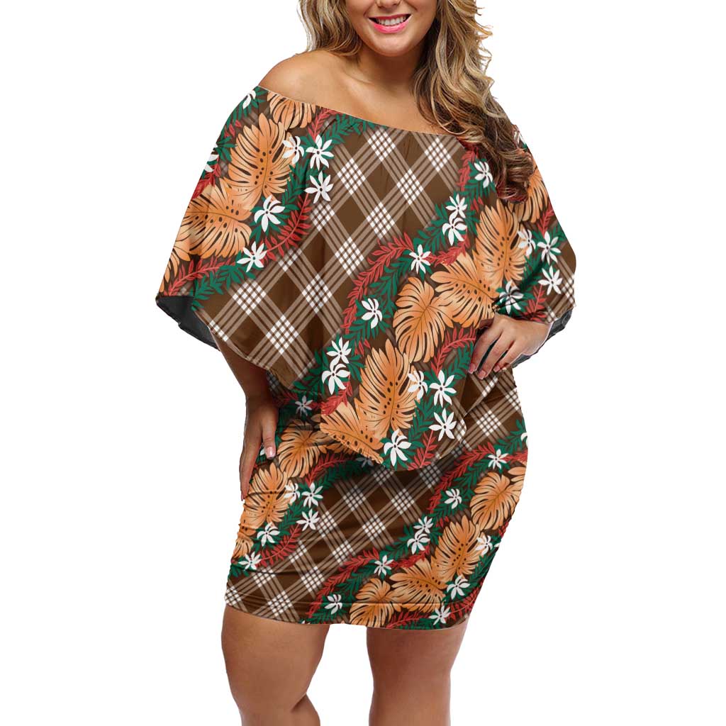 Polynesian Monstera Tiare Floral Family Matching Off Shoulder Short Dress and Hawaiian Shirt Chocolate Brown Tropical Plaid - Polynesian Pride