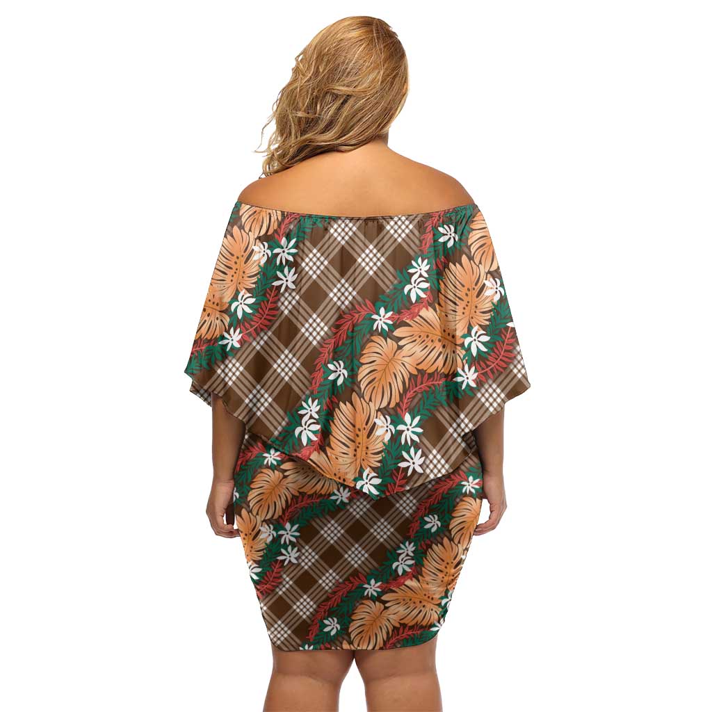 Polynesian Monstera Tiare Floral Family Matching Off Shoulder Short Dress and Hawaiian Shirt Chocolate Brown Tropical Plaid - Polynesian Pride