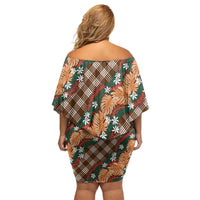 Polynesian Monstera Tiare Floral Family Matching Off Shoulder Short Dress and Hawaiian Shirt Chocolate Brown Tropical Plaid - Polynesian Pride