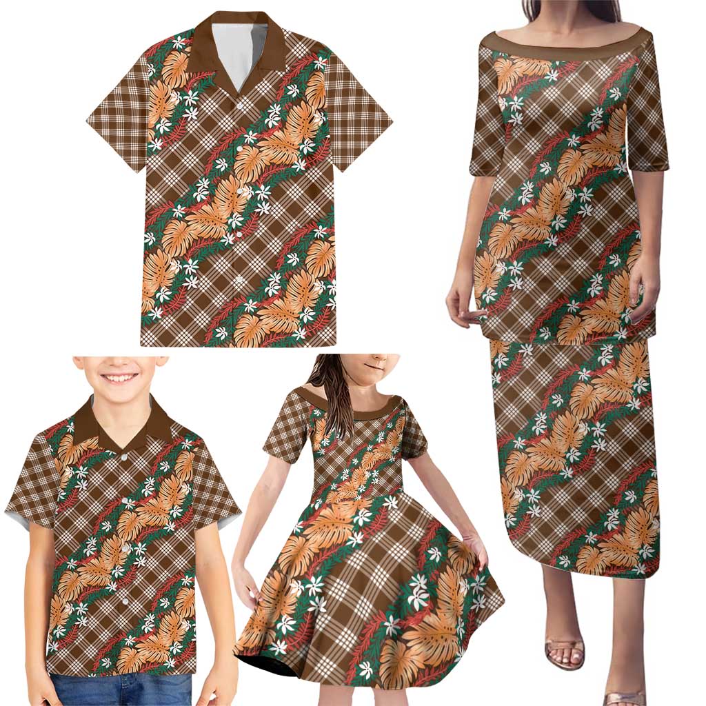 Polynesian Monstera Tiare Floral Family Matching Puletasi and Hawaiian Shirt Chocolate Brown Tropical Plaid - Polynesian Pride