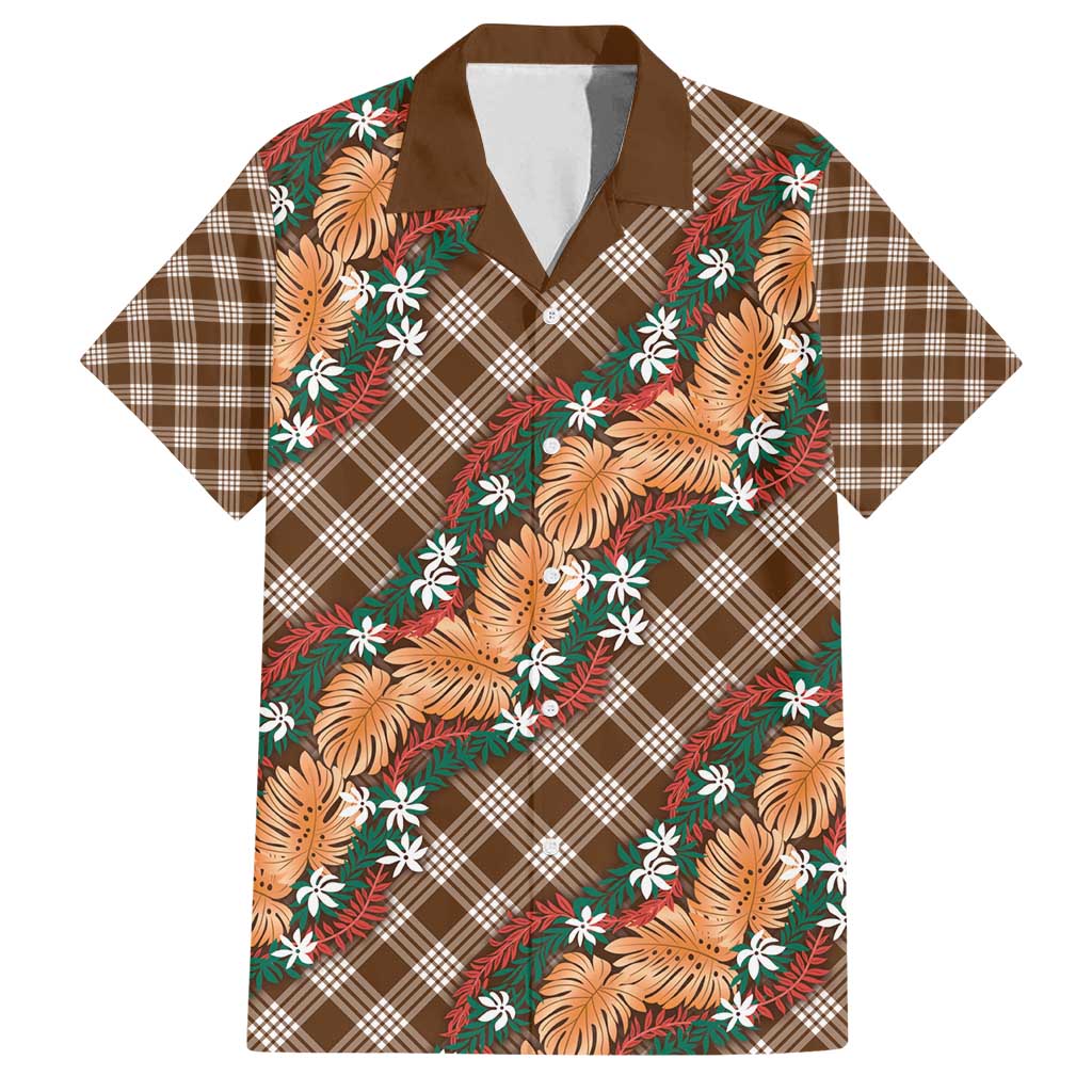 Polynesian Monstera Tiare Floral Family Matching Puletasi and Hawaiian Shirt Chocolate Brown Tropical Plaid - Polynesian Pride