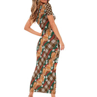 Polynesian Monstera Tiare Floral Family Matching Short Sleeve Bodycon Dress and Hawaiian Shirt Chocolate Brown Tropical Plaid - Polynesian Pride