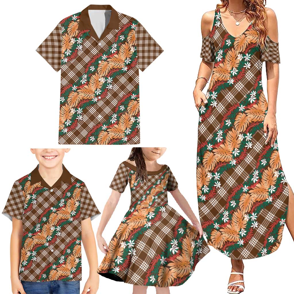 Polynesian Monstera Tiare Floral Family Matching Summer Maxi Dress and Hawaiian Shirt Chocolate Brown Tropical Plaid - Polynesian Pride