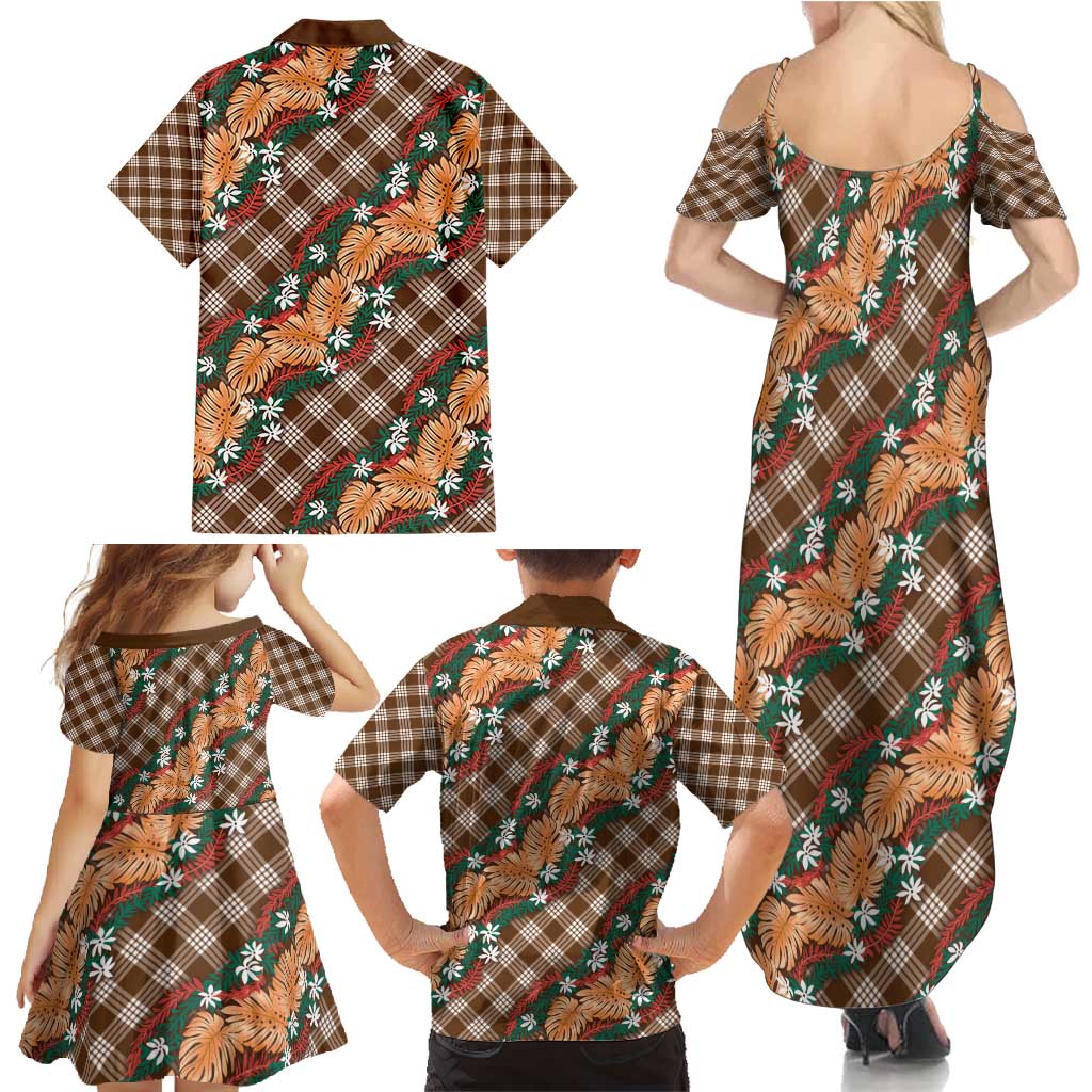 Polynesian Monstera Tiare Floral Family Matching Summer Maxi Dress and Hawaiian Shirt Chocolate Brown Tropical Plaid - Polynesian Pride