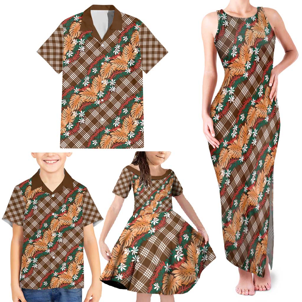 Polynesian Monstera Tiare Floral Family Matching Tank Maxi Dress and Hawaiian Shirt Chocolate Brown Tropical Plaid - Polynesian Pride
