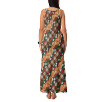 Polynesian Monstera Tiare Floral Family Matching Tank Maxi Dress and Hawaiian Shirt Chocolate Brown Tropical Plaid - Polynesian Pride