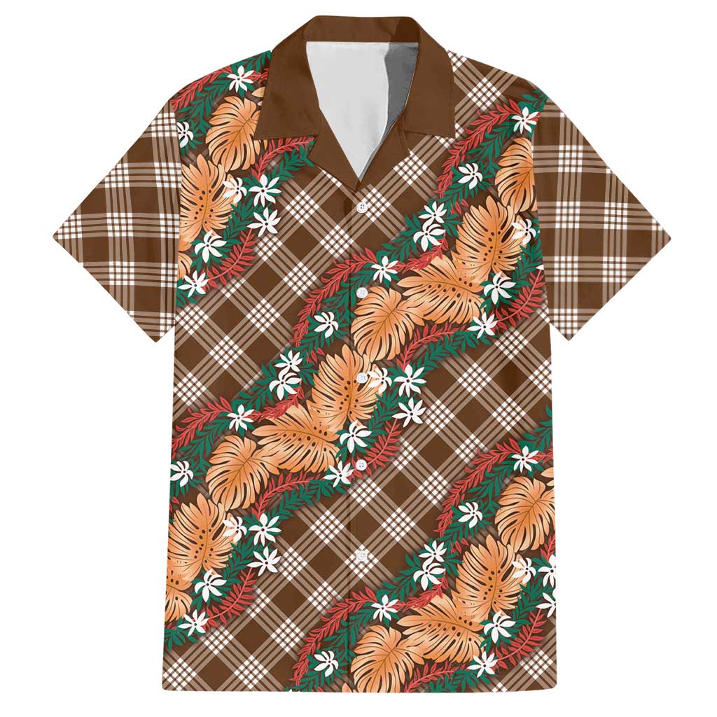 Polynesian Monstera Tiare Floral Hawaiian Shirt Chocolate Brown Tropical Plaid - Polynesian Pride
