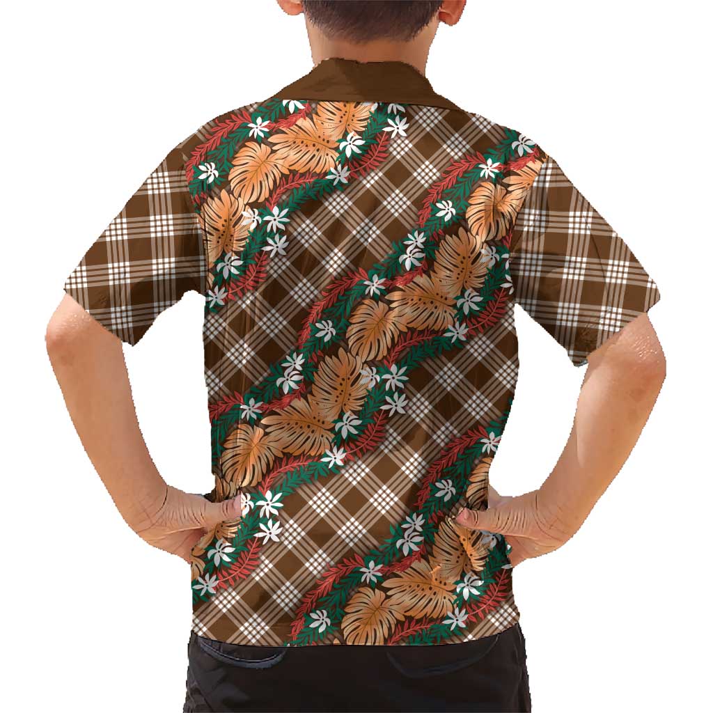 Polynesian Monstera Tiare Floral Hawaiian Shirt Chocolate Brown Tropical Plaid - Polynesian Pride