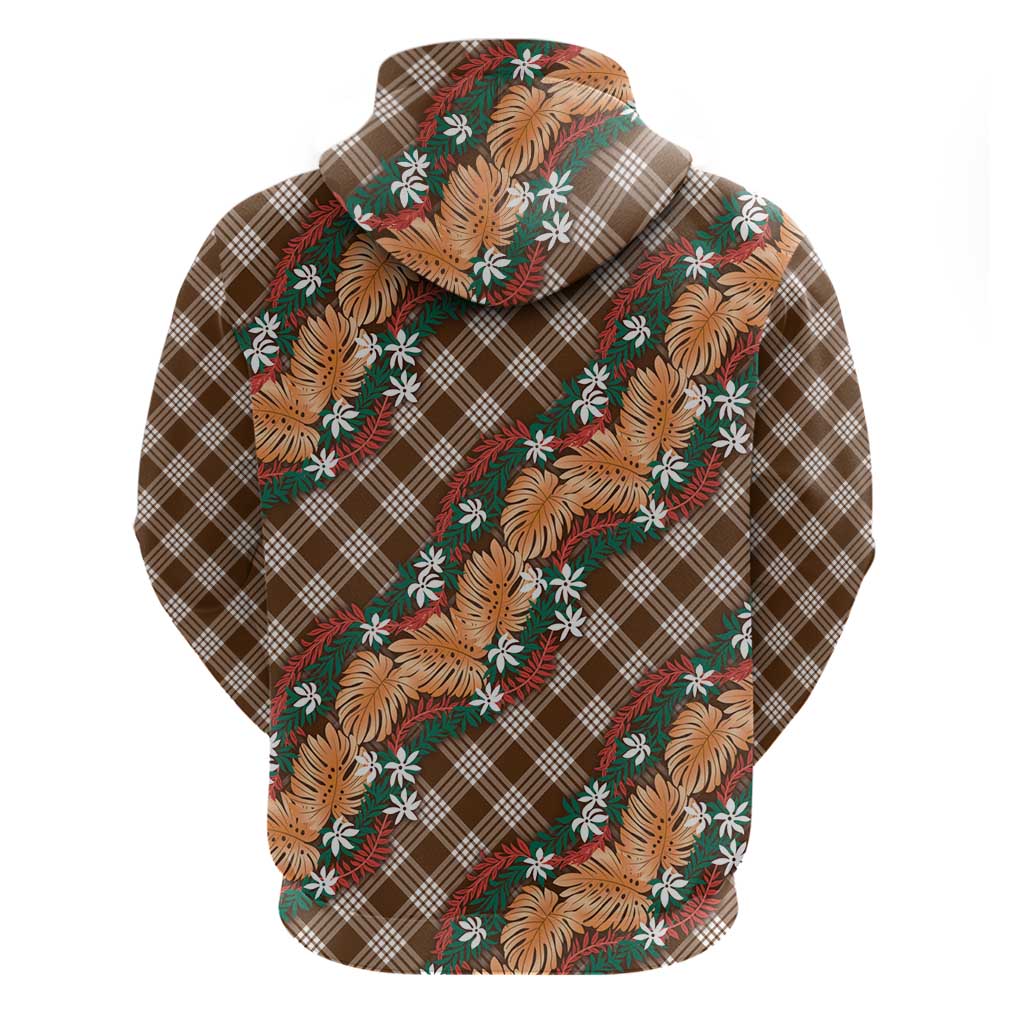 Polynesian Monstera Tiare Floral Hoodie Chocolate Brown Tropical Plaid - Polynesian Pride