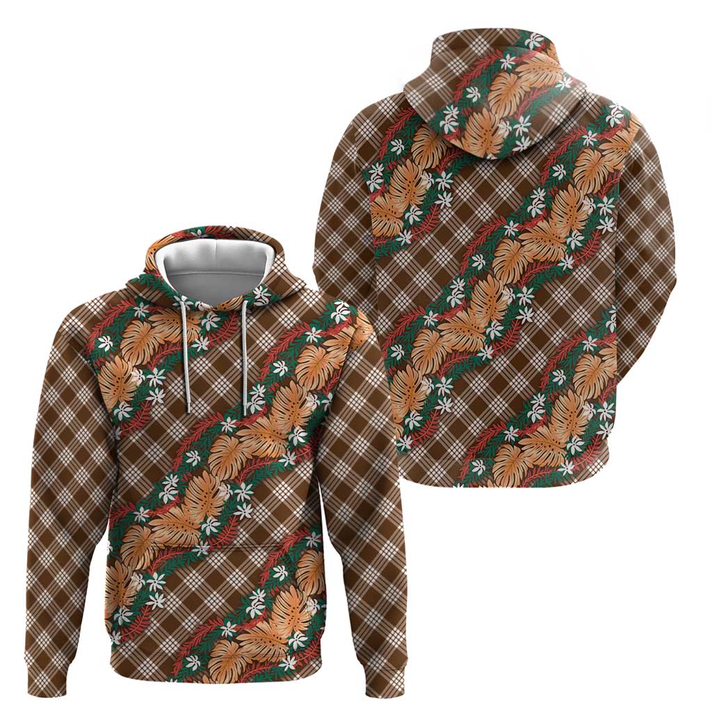 Polynesian Monstera Tiare Floral Hoodie Chocolate Brown Tropical Plaid - Polynesian Pride