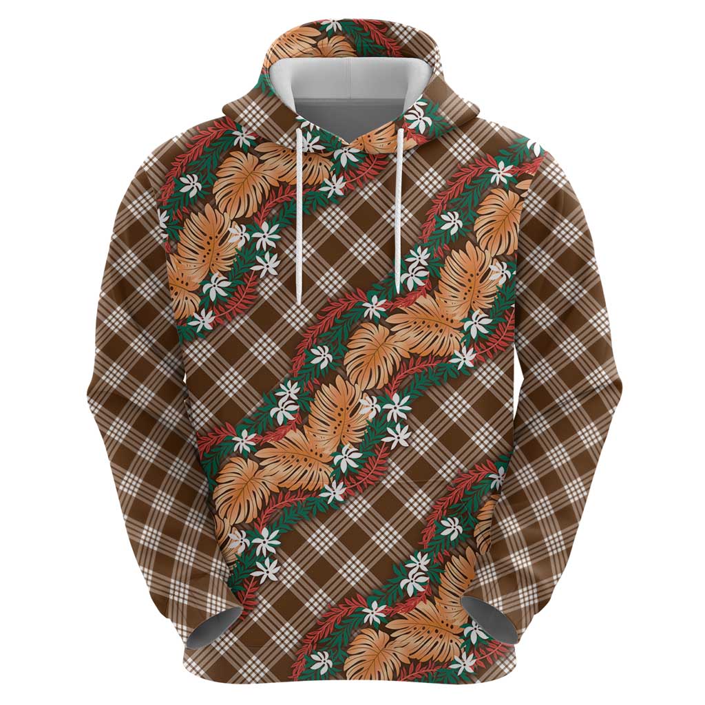 Polynesian Monstera Tiare Floral Hoodie Chocolate Brown Tropical Plaid - Polynesian Pride