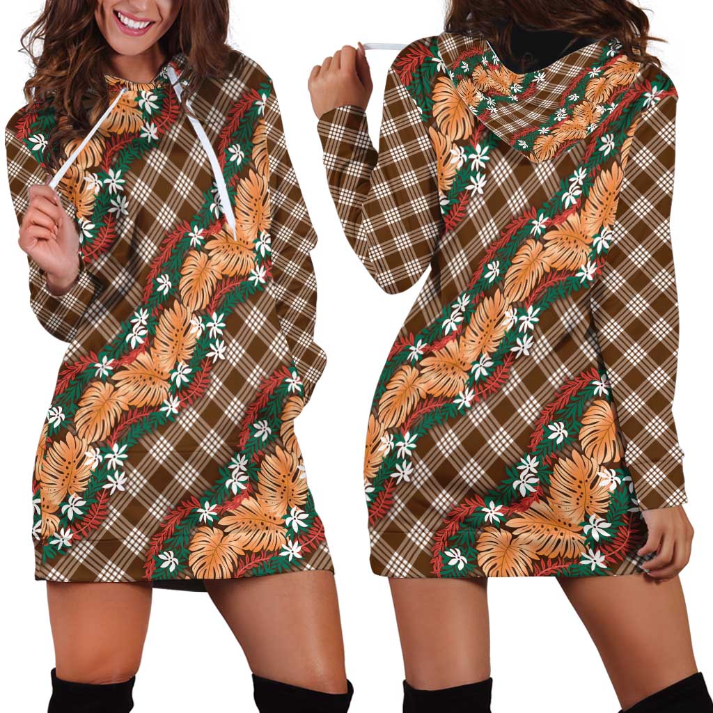 Polynesian Monstera Tiare Floral Hoodie Dress Chocolate Brown Tropical Plaid - Polynesian Pride
