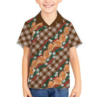 Polynesian Monstera Tiare Floral Kid Hawaiian Shirt Chocolate Brown Tropical Plaid - Polynesian Pride