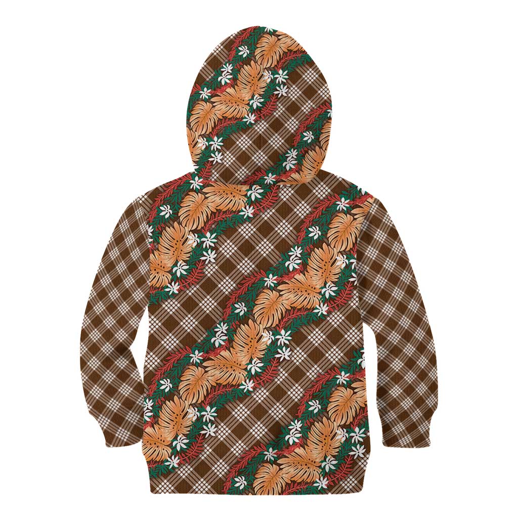 Polynesian Monstera Tiare Floral Kid Hoodie Chocolate Brown Tropical Plaid - Polynesian Pride