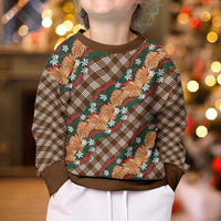 Polynesian Monstera Tiare Floral Kid Ugly Christmas Sweater Chocolate Brown Tropical Plaid - Polynesian Pride