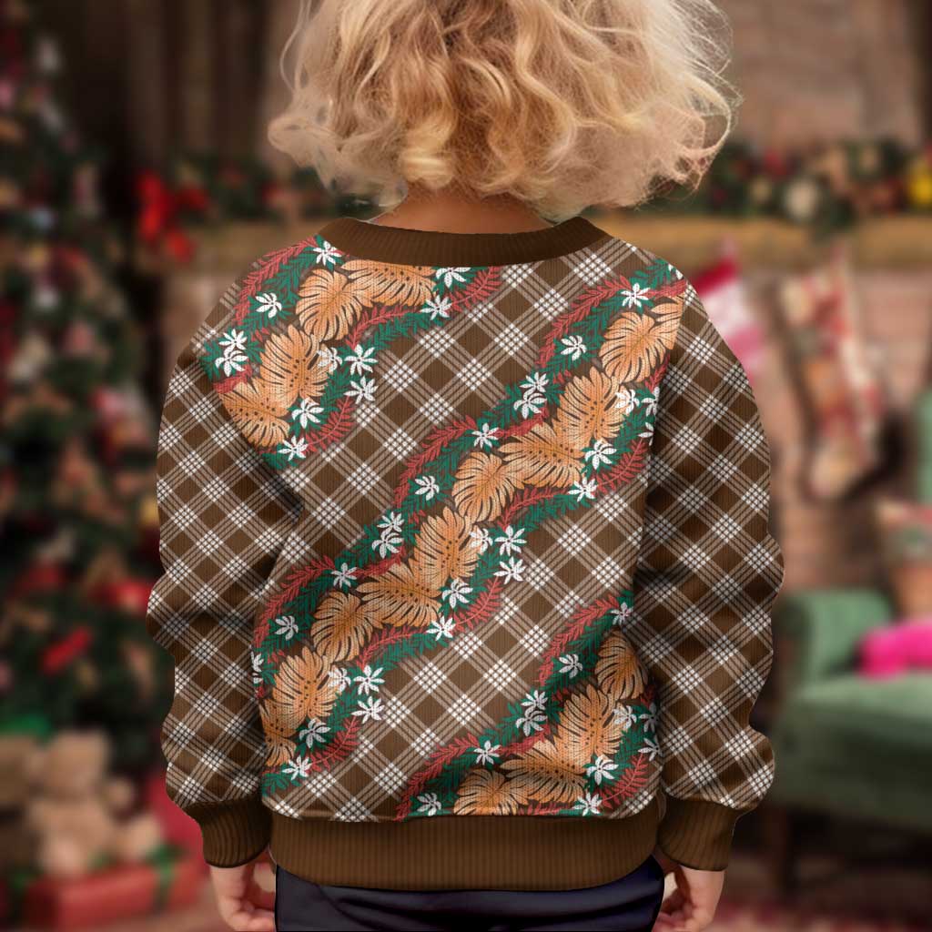 Polynesian Monstera Tiare Floral Kid Ugly Christmas Sweater Chocolate Brown Tropical Plaid - Polynesian Pride
