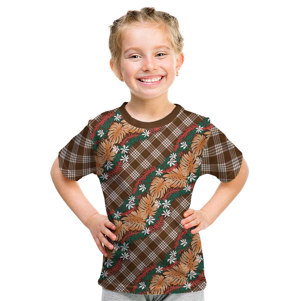 Polynesian Monstera Tiare Floral Kid T Shirt Chocolate Brown Tropical Plaid - Polynesian Pride