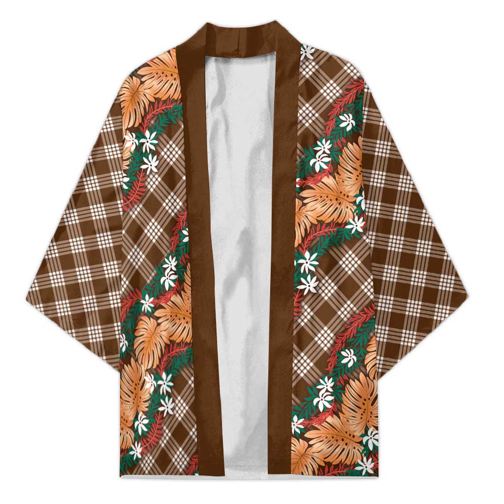 Polynesian Monstera Tiare Floral Kimono Chocolate Brown Tropical Plaid - Polynesian Pride