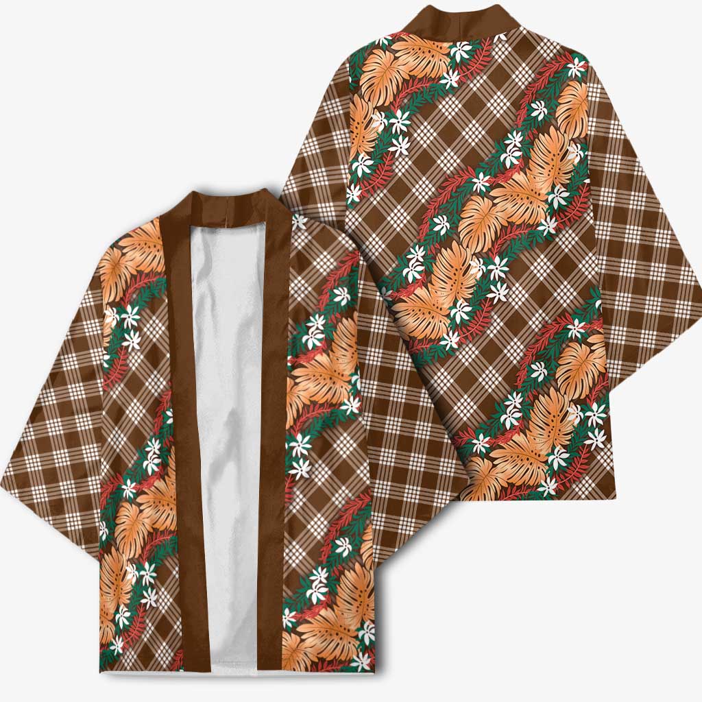 Polynesian Monstera Tiare Floral Kimono Chocolate Brown Tropical Plaid - Polynesian Pride