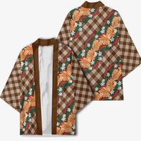 Polynesian Monstera Tiare Floral Kimono Chocolate Brown Tropical Plaid - Polynesian Pride