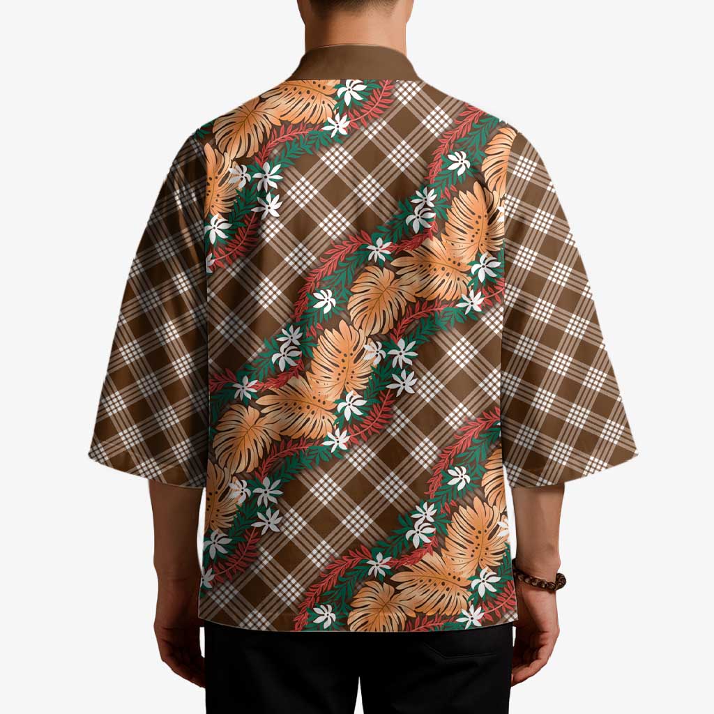 Polynesian Monstera Tiare Floral Kimono Chocolate Brown Tropical Plaid - Polynesian Pride