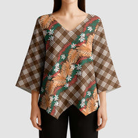 Polynesian Monstera Tiare Floral Kimono Sleeve Blouse Chocolate Brown Tropical Plaid - Polynesian Pride
