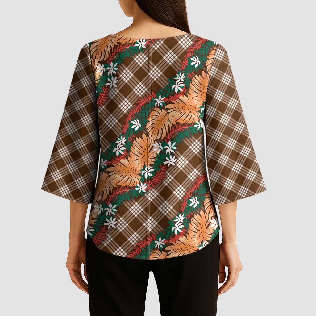 Polynesian Monstera Tiare Floral Kimono Sleeve Blouse Chocolate Brown Tropical Plaid - Polynesian Pride