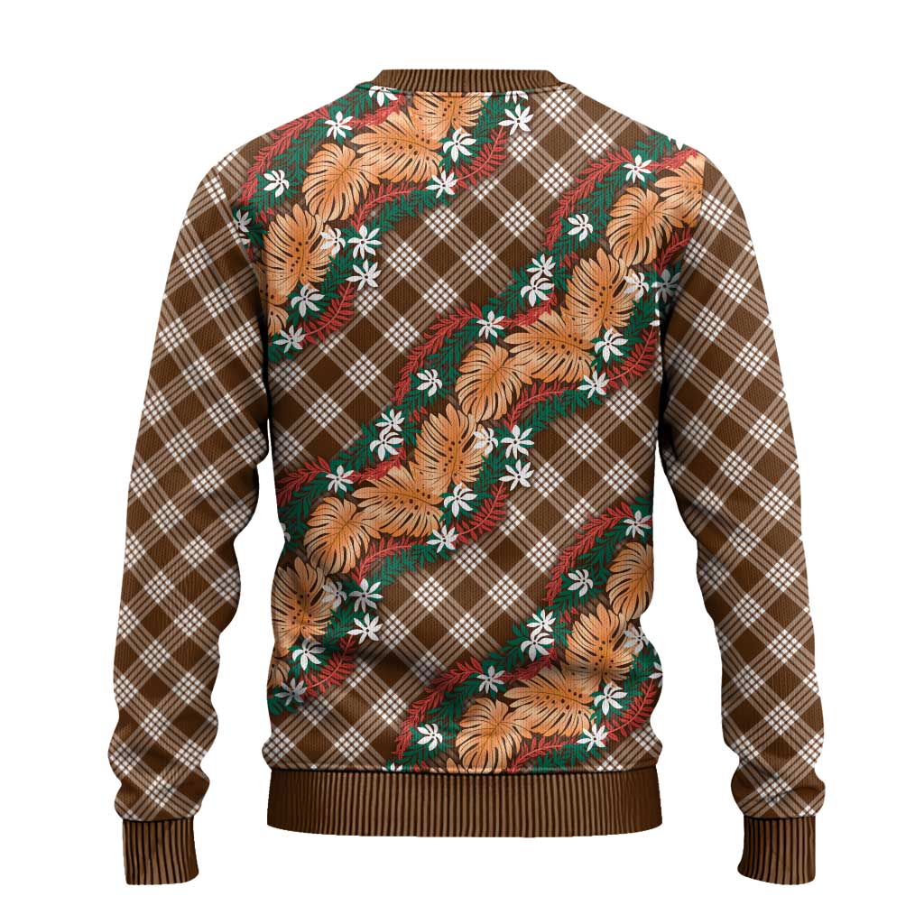 Polynesian Monstera Tiare Floral Ugly Christmas Sweater Chocolate Brown Tropical Plaid - Polynesian Pride