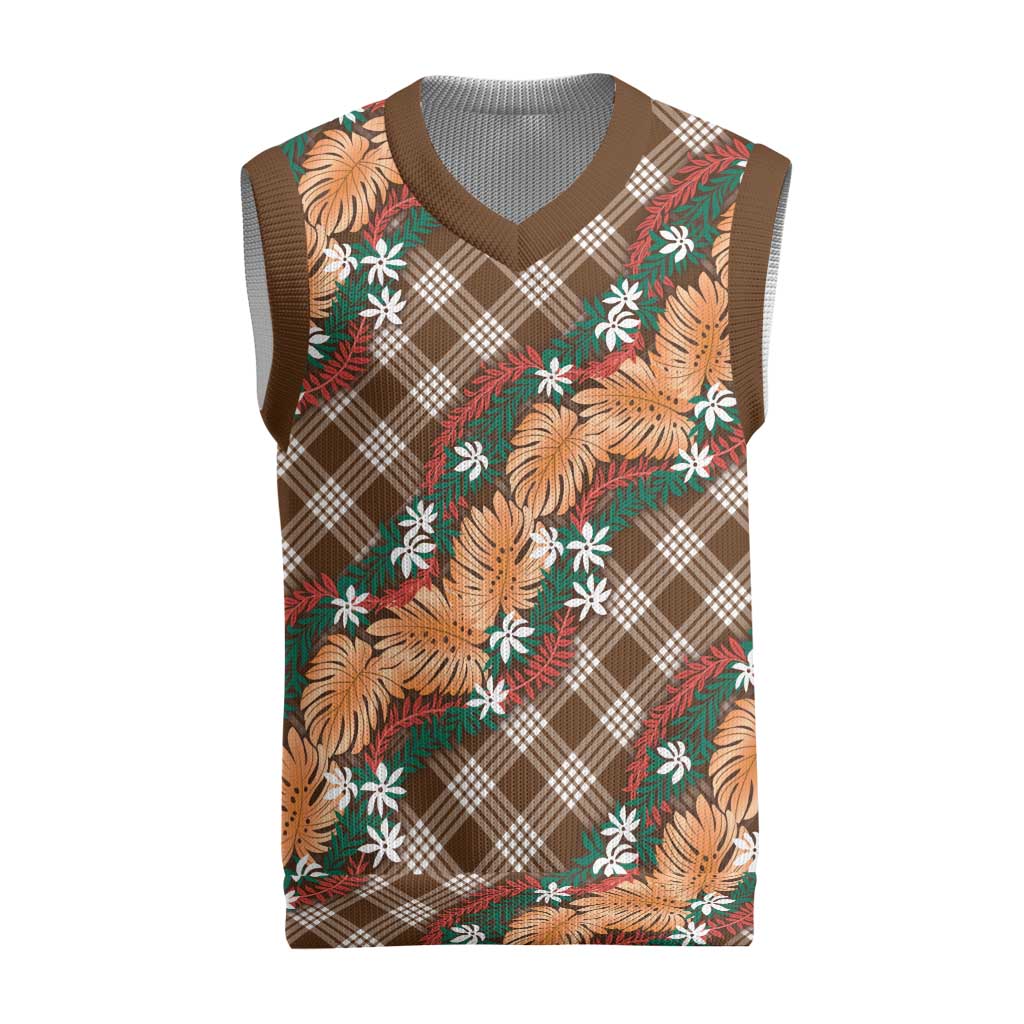 Polynesian Monstera Tiare Floral Christmas Knitted V-Neck Vest Chocolate Brown Tropical Plaid - Polynesian Pride