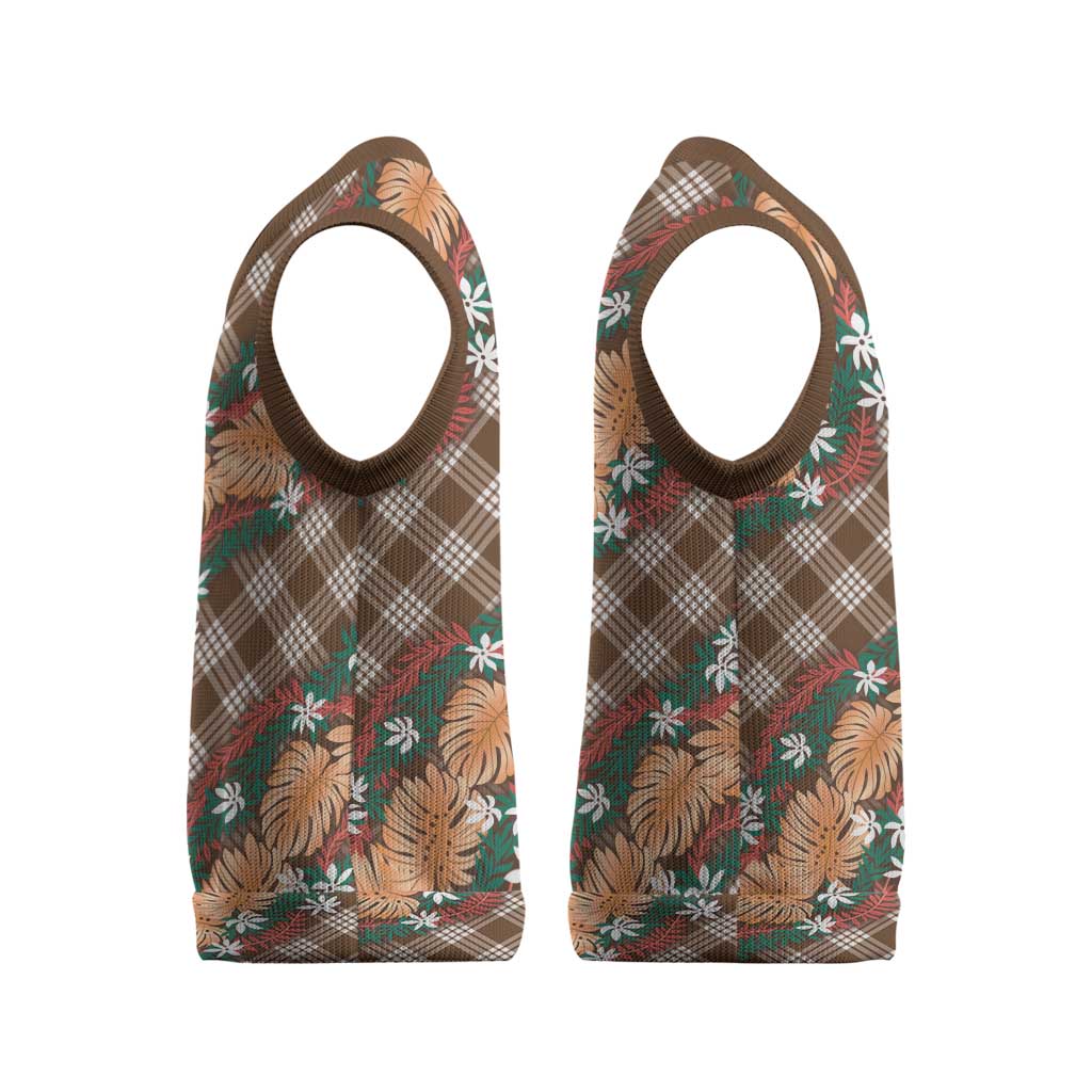 Polynesian Monstera Tiare Floral Christmas Knitted V-Neck Vest Chocolate Brown Tropical Plaid - Polynesian Pride