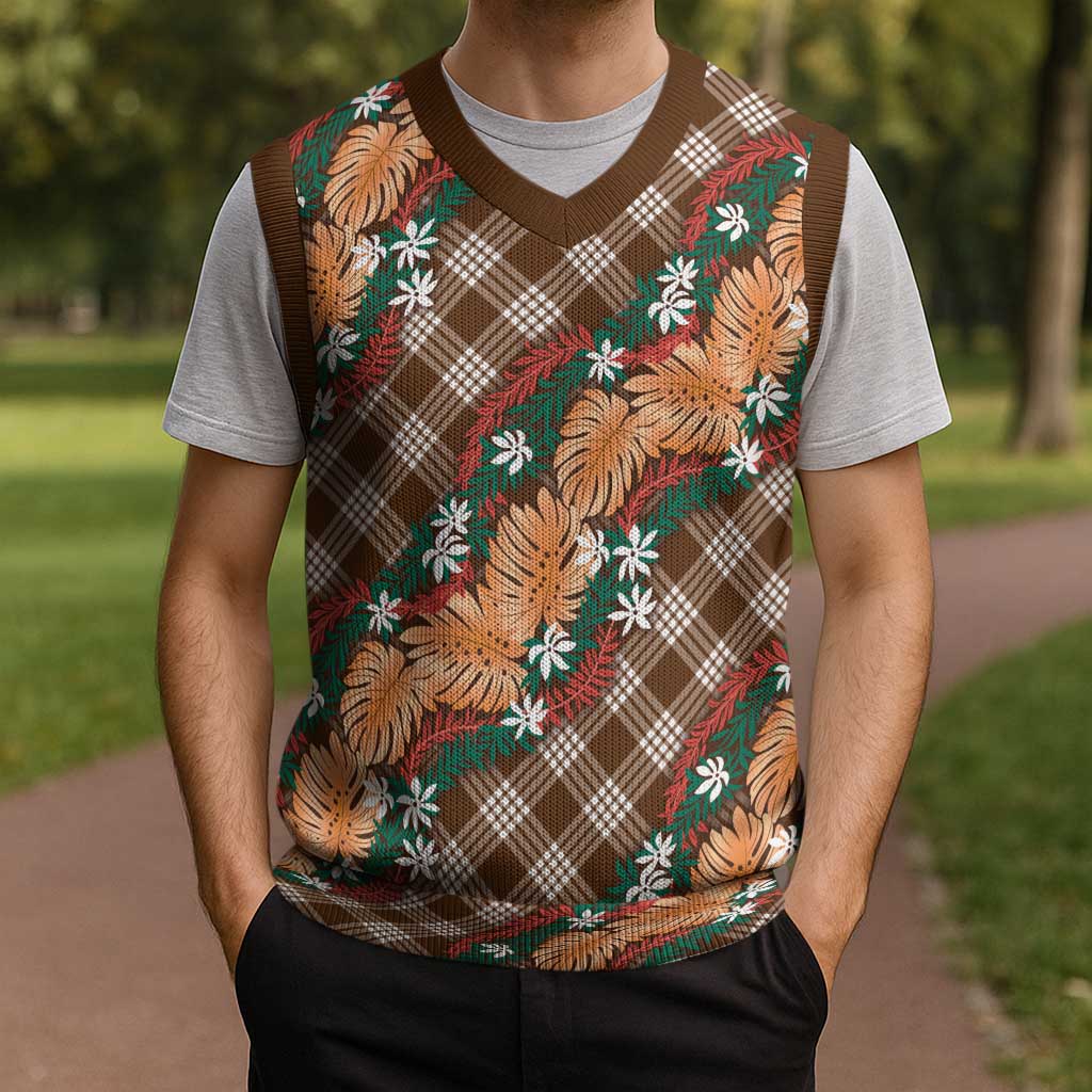 Polynesian Monstera Tiare Floral Christmas Knitted V-Neck Vest Chocolate Brown Tropical Plaid - Polynesian Pride